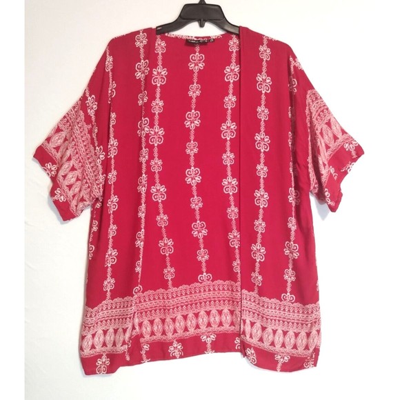 Anandas Collection Women's Boho Red White Rayon Floral Open Front Blouse 2X FLAW - Picture 1 of 11